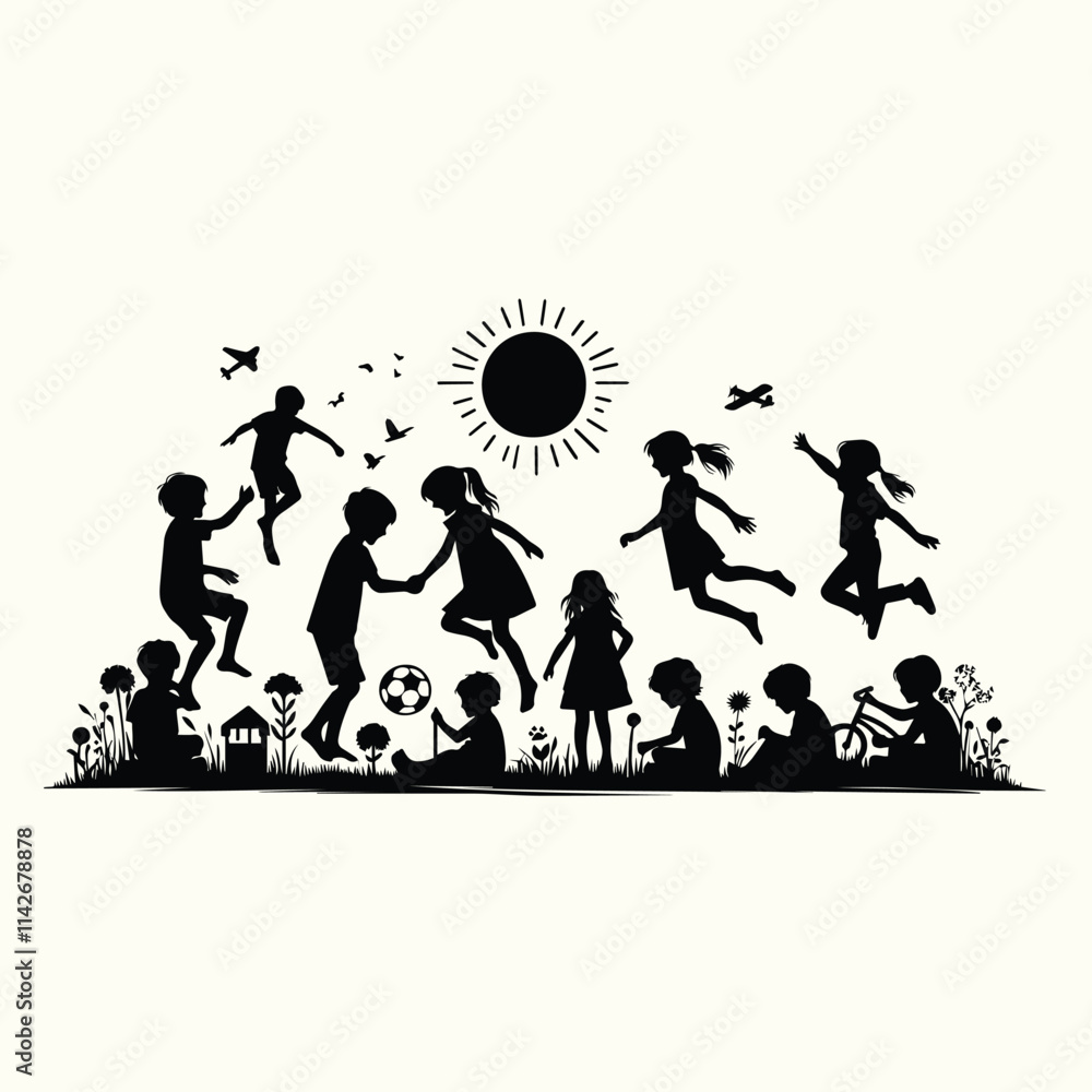 Obraz premium Children Playing at Sunset Silhouette Set for Family Themes, Outdoor Activities, and Artistic Designs