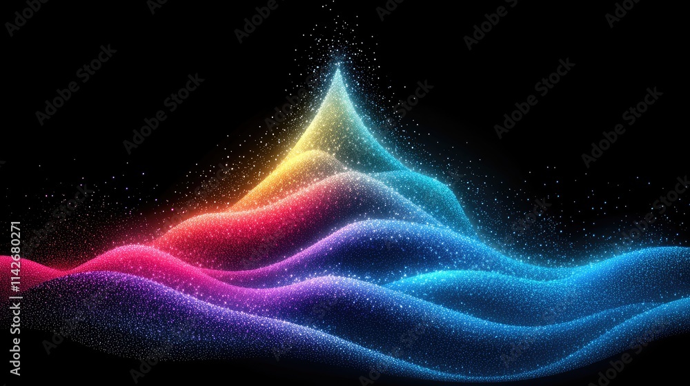 Fototapeta premium Abstract colorful glowing wave particles forming a peak on black background.
