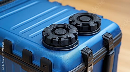 Blue suitcase with two black knobs. photo