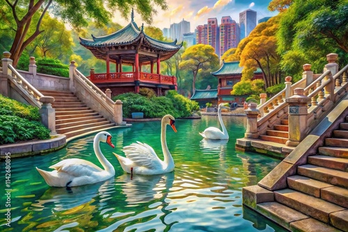 Kowloon Park Swans, Hong Kong Lake Painting - Tsim Sha Tsui Candid Photography photo