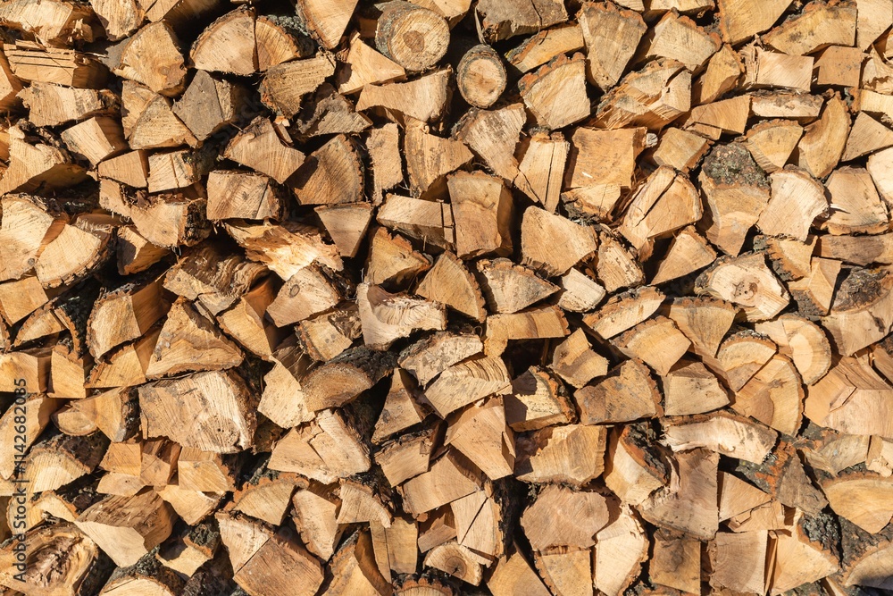 Stacked firewood logs illuminated by sunlight, creating a rustic winter texture Stacked firewood logs illuminated by sunlight, creating a rustic winter texture