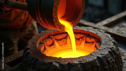 Molten Metal Being Poured Into a Mold in a Foundry Setting photo