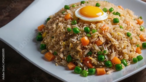 Overhead view of fried rice in skillet with peas, carrots and egg, studio shot