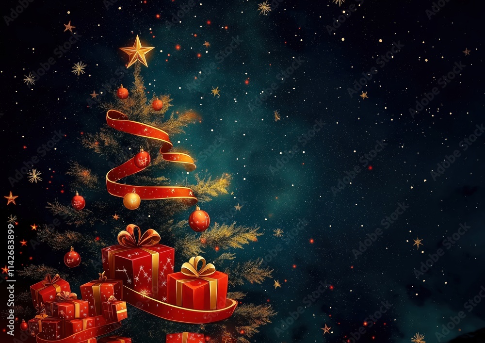 Fototapeta premium Christmas tree adorned with gifts and decorations against a dark background, illustration