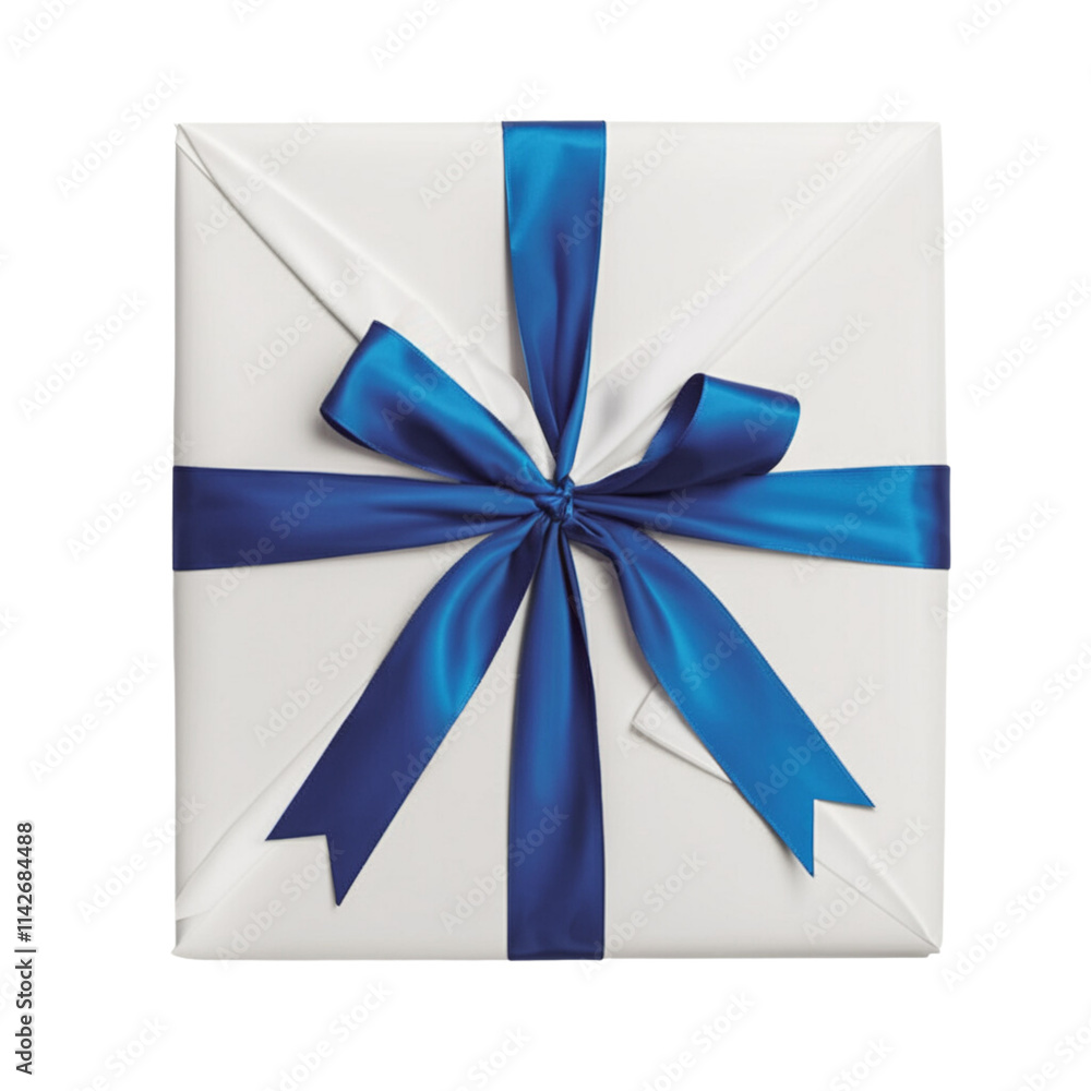 Gift Wrapped with Blue Ribbon: A pristine white gift box, adorned with a striking blue ribbon, exudes elegance and anticipation. This minimalist image is perfect for celebrating special occasions. Gift Wrapped with Blue Ribbon: A pristine white gift box, adorned with a striking blue ribbon, exudes elegance and anticipation. This minimalist image is perfect for celebrating special occasions.