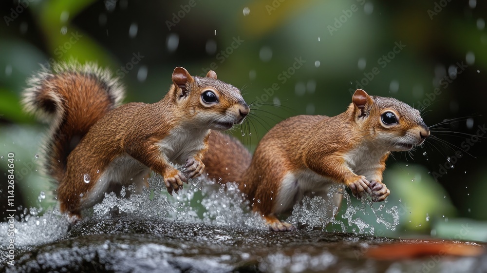 Fototapeta premium Two squirrels running through water, splashing.