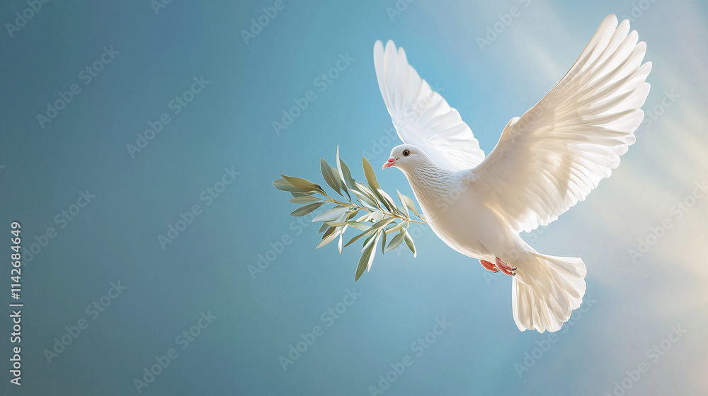 Dove of Peace Soaring with Olive Branch Against Blue Sky Dove of Peace Soaring with Olive Branch Against Blue Sky