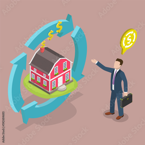 3D Isometric Flat Vector Illustration of House Loan, Businessman Agrees To Regular Payments In Exchange For Property As Part Of Reverse Mortgage