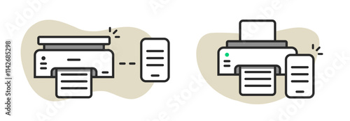 Printing wirelessly from cell phone mobile device technology icon vector graphic illustration set line stroke outline, air printer printout from smartphone cellphone pictogram minimal image

