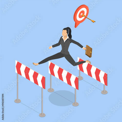 3D Isometric Flat Vector Illustration of Challenge, Success Journey, Confidence Entrepreneur Overcoming Hurdles With Determination