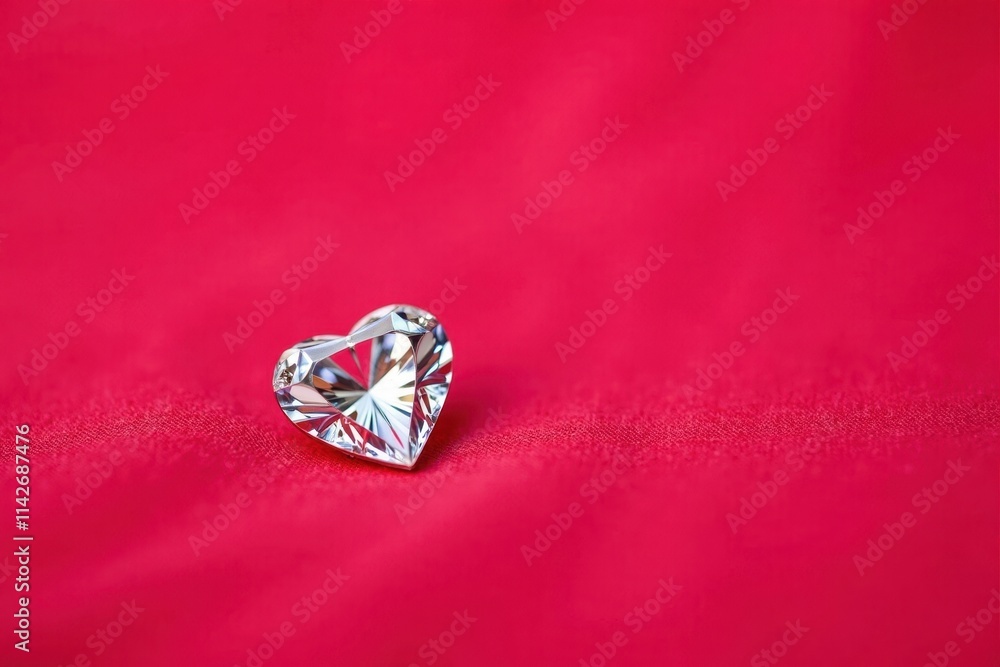 Background Copy-space for text: A sparkling heart-shaped diamond rests on a soft velvet fabric for Valentine's Day Background Copy-space for text: A sparkling heart-shaped diamond rests on a soft velvet fabric for Valentine's Day