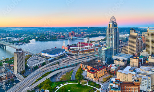 Aerial Cincinnati Skyline Great American Tower at Golden Hour photo