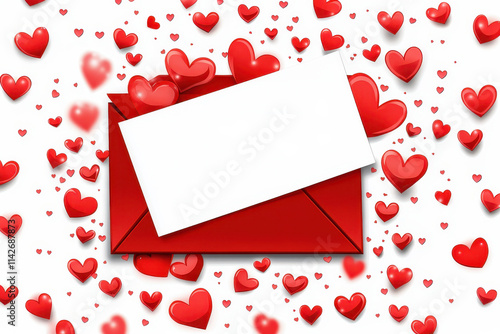 Valentine's day love letter mockup. Red envelope blank white card and hearts