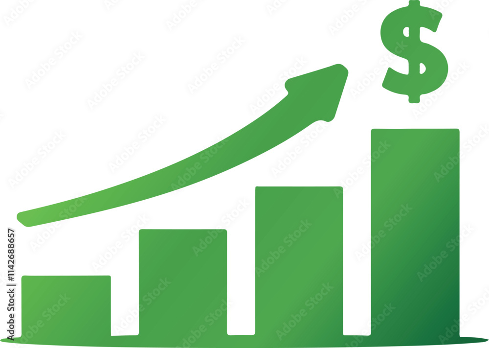 Vector Illustration of Green Bar Chart with Ascending Bars, Upward Arrow, and Dollar Sign Vector Illustration of Green Bar Chart with Ascending Bars, Upward Arrow, and Dollar Sign