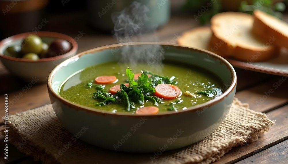 A bowl of green Caldo Verde soup with potatoes, herbs, and a slice of bread on a wooden surface A bowl of green Caldo Verde soup with potatoes, herbs, and a slice of bread on a wooden surface