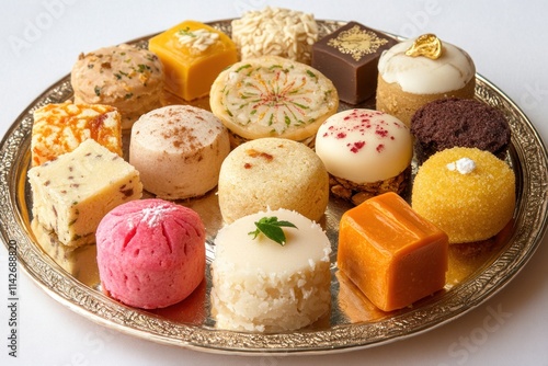 Assorted colorful gourmet sweets and desserts on a silver platter. photo