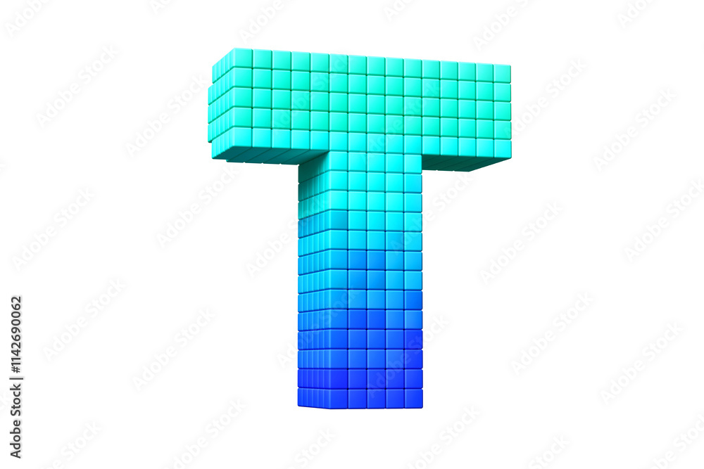 Digital lettering 3D pixel art font letter T in teal to blue gradient. High quality 3D rendering. Digital lettering 3D pixel art font letter T in teal to blue gradient. High quality 3D rendering.