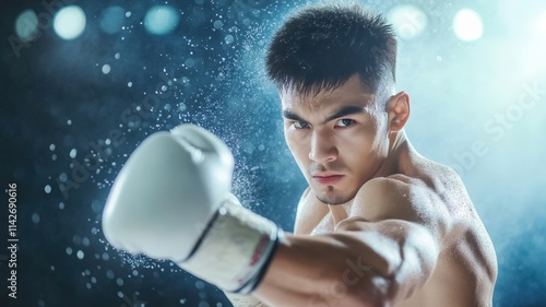 Dynamic boxer delivering a powerful punch in a dramatic setting.