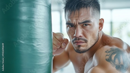 Focused fighter training with intensity against a punching bag.
