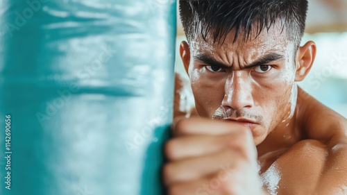 Focused boxer training against a punching bag.