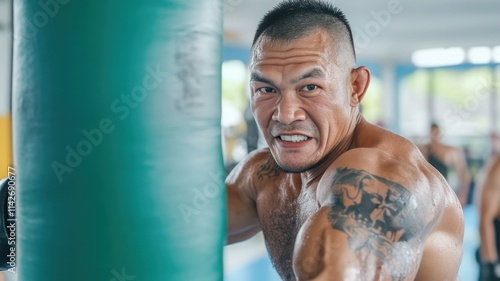 Intense fighter training with a punching bag in a gym.