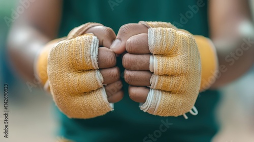 Close-up of wrapped hands ready for boxing or martial arts.