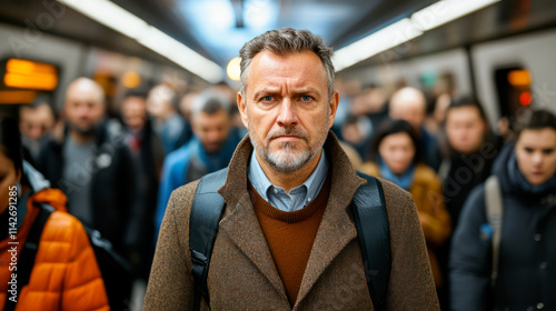 Sad middle aged man in public transport photo