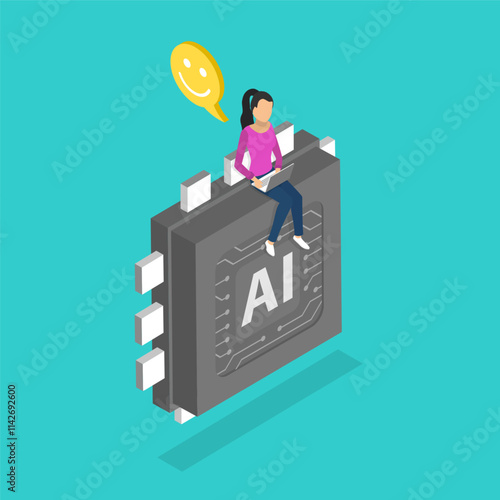 3D Isometric Flat Vector Illustration of Collaboration with AI, Utilizing AI Technology For Enhanced Work Performance And Efficiency