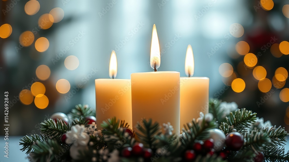 Beige Advent Candle Close-up, Festive, Bright Lighting, High-Quality Beige Advent Candle Close-up, Festive, Bright Lighting, High-Quality
