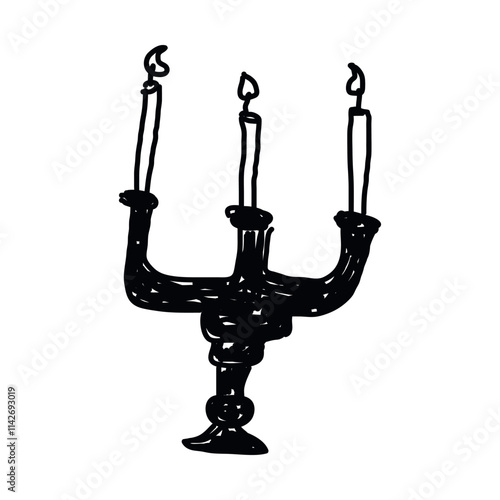 modern sketch of doodle candle holder with three candles isolated on transparent background. Vector hand drawn art, childlike naive illustration clip art