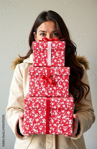 Woman holding stack of red holiday gift boxes decorated with star patterns