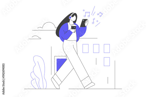 Coffee break. Morning Coffee on the way. Girl in headphones listening to music while walking. Woman has coffee in her hands. Flat Cartoon Vector Illustration, icon. Stylish abstract Blue 