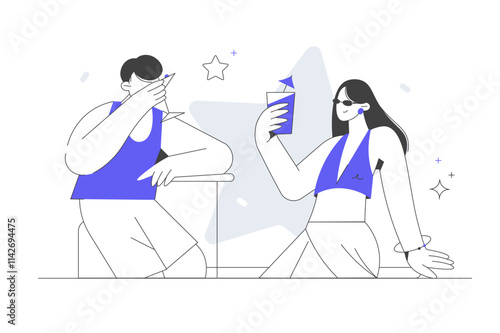 Summer vacation. Couple drinking cocktails and sunbathing. Couple enjoying drink on beach. Big style Characters. Flat Cartoon Vector Illustration, icon. Stylish abstract Blue 