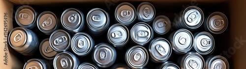 Top view of many aluminum cans in a cardboard box.