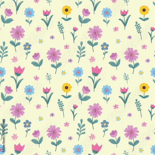 Seamless pattern Flowers. Spring, Summer, flowers, tulips, sunflower, forget-me-nots, twigs, leaves. Nature. Festive background for fabric design, packaging