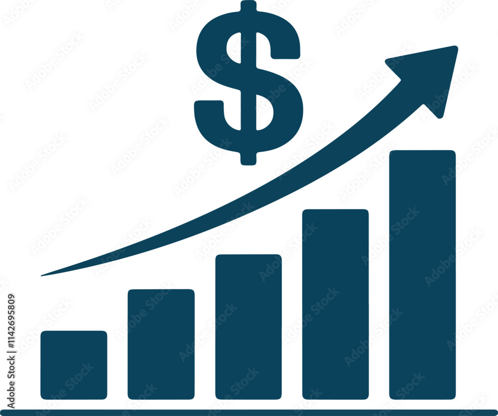 Vector Illustration of Blue Bar Chart with Ascending Bars, Upward Arrow, and Dollar Sign Vector Illustration of Blue Bar Chart with Ascending Bars, Upward Arrow, and Dollar Sign