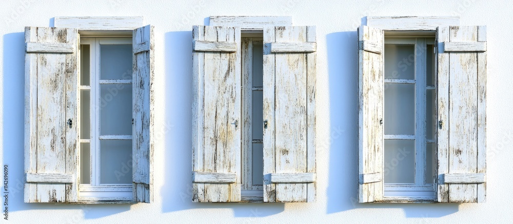 Three weathered white wooden window shutters, partially open and closed, on a white wall. Three weathered white wooden window shutters, partially open and closed, on a white wall.