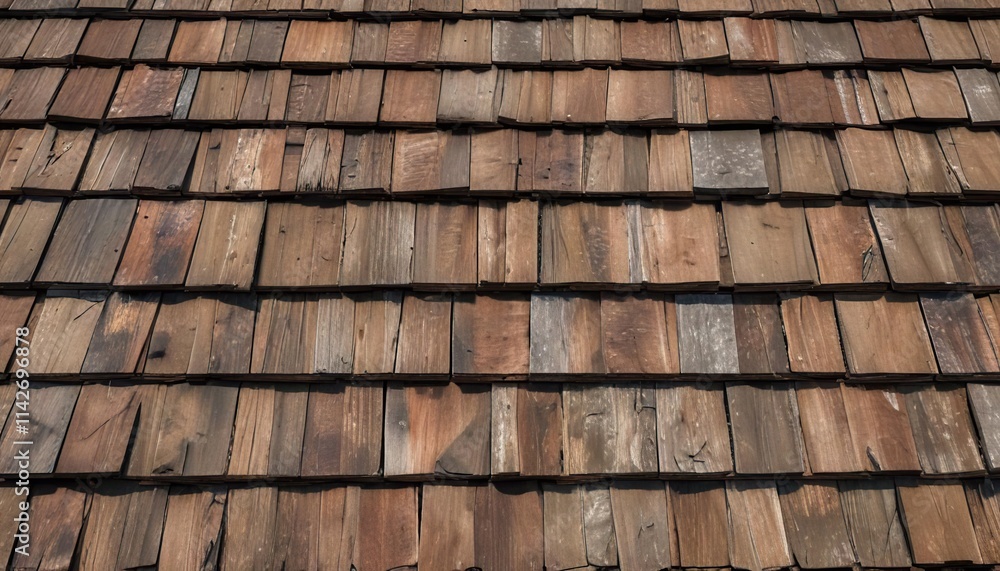 Close-up of weathered brown wooden shingles with a distressed look, weathered, old, texture Close-up of weathered brown wooden shingles with a distressed look, weathered, old, texture