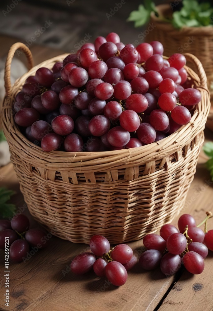 Close-up of wicker basket filled with plump red grapes on wooden table, organic, fresh, food, natural Close-up of wicker basket filled with plump red grapes on wooden table, organic, fresh, food, natural