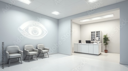 Modern Eye Clinic Waiting Area with Reception Desk and Eye Symbol