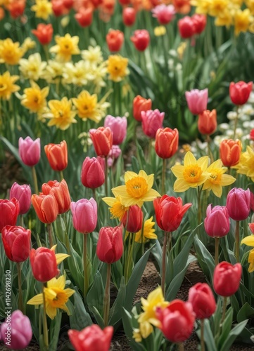 Close-up of tulips and daffodils; vibrant colors, soft focus , daffodils, petals, closeup
