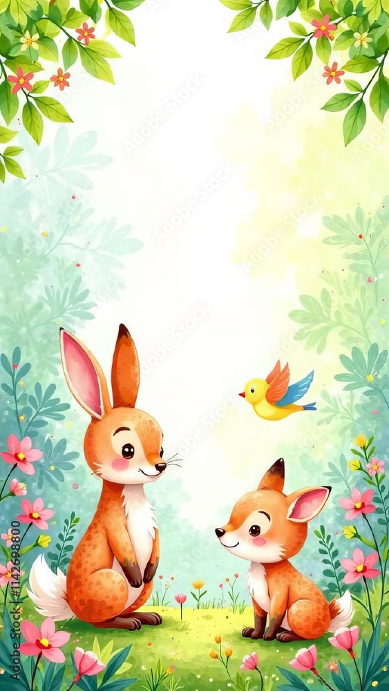 Fototapeta premium A group of cute cartoon animals, spring day in a colorful forest, bunny, fox, bluebird on a tree branch. Flowers are blooming and blue sky for children’s stories, wallpaper, poster, postcard