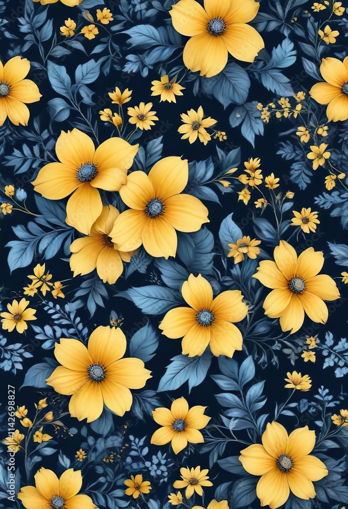 Delightful seamless pattern with yellow and blue floral illustrations, nature's beauty, colorful blooms, decorative elements, backdrop, textured Delightful seamless pattern with yellow and blue floral illustrations, nature's beauty, colorful blooms, decorative elements, backdrop, textured