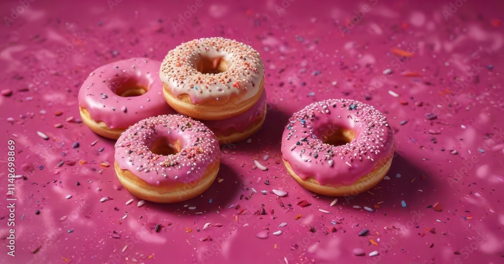 Colorful donuts rolling down a dark pink surface amidst scattered sprinkles, pink, dessert Colorful donuts rolling down a dark pink surface amidst scattered sprinkles, pink, dessert