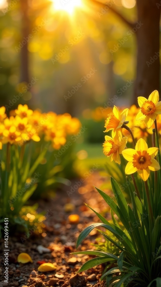 Obraz premium garden filled with tulips and daffodils in bloom. The flowers are yellow, orange, and red. The morning sun, petals,spring flowers, gardening, poster, postcard, screensaver, wallpaper