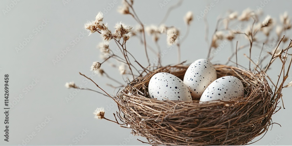 Obraz premium Speckled white eggs rest inside a carefully crafted twig nest, adorned with delicate dried flowers against a soft background.