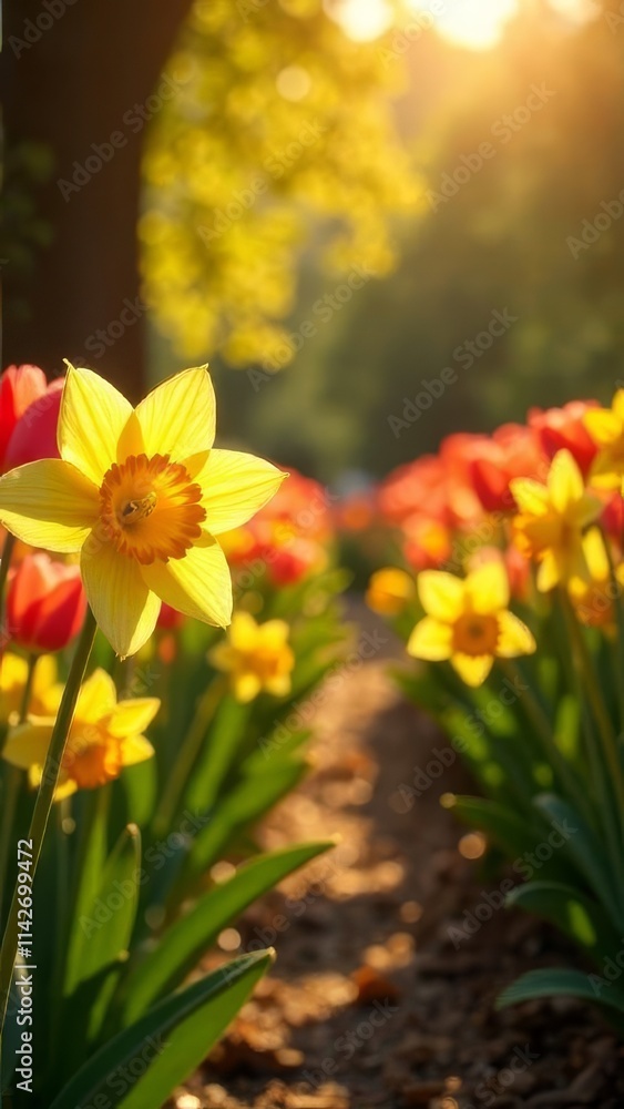 Obraz premium garden filled with tulips and daffodils in bloom. The flowers are yellow, orange, and red. The morning sun, petals,spring flowers, gardening, poster, postcard, screensaver, wallpaper