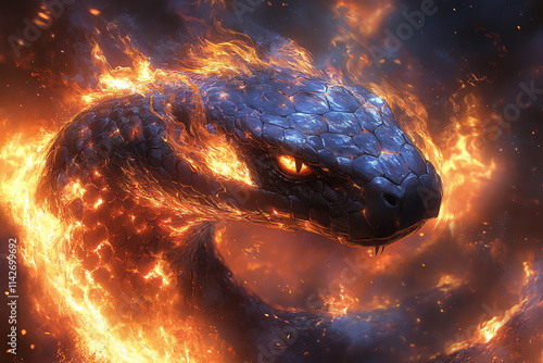 Fiery serpent with glowing eyes swirling through flames, creating a dynamic and mystical visual impact. photo