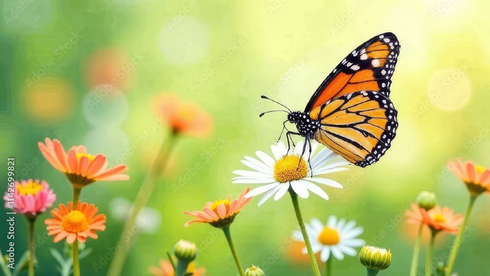 spring meadow with colorful butterflies fluttering above wildflowers, close-up view of a monarch butterfly, spring,poster, postcard,screensaver, wallpaper spring meadow with colorful butterflies fluttering above wildflowers, close-up view of a monarch butterfly, spring,poster, postcard,screensaver, wallpaper