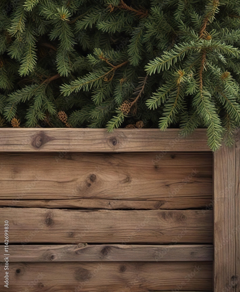 Dried pine branches in a rustic wooden crate background, wood, rustic, forest Dried pine branches in a rustic wooden crate background, wood, rustic, forest